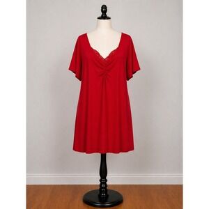 Curvy Sense Red T Shirt Dress 2X Lace Trim V Neck Flowy Mini Plus Size Soft Glam